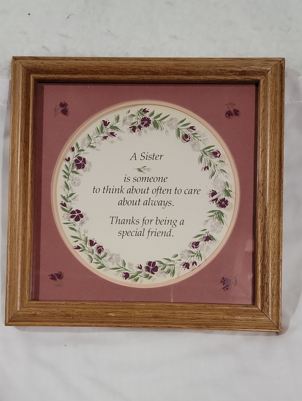 Framed Sister Sentiment Wall Art - Mauve Floral Design Matted Wirh Painted Glass